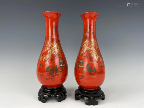 Pair of Chinese Foochow Red Lacquer Vases Marked