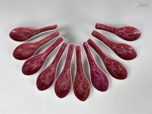 Ten Carmine Red Porcelain Dragon Spoons