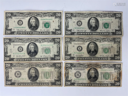 Six 20 Dollars Federal Reserve Bank Note 1934 and 1950