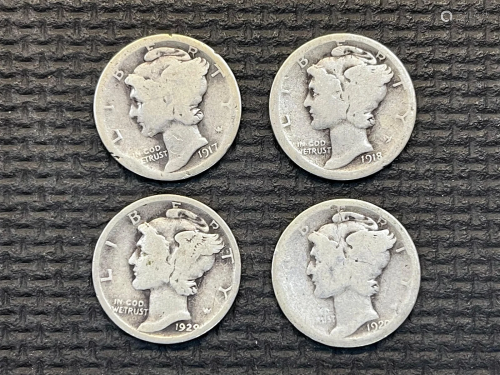 Four 1917 to 1929 Mercury Silver Dimes