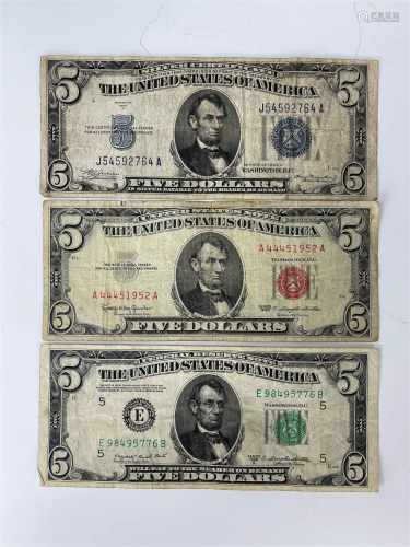 Three 5 Dollars Federal Reserve Bank Note 1934,1950 and 1963