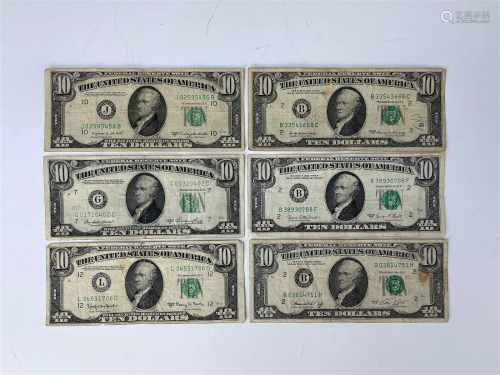 Six 10 Dollars Federal Reserve Bank Note 1950,1969 and 1974