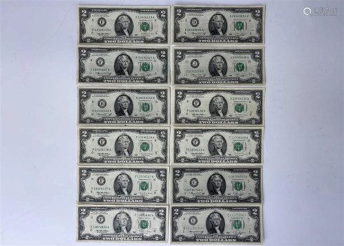 Twelve 2 Dollars Federal Reserve Bank Note