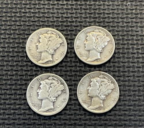 Four 1935 to 1939 Mercury Silver Dimes