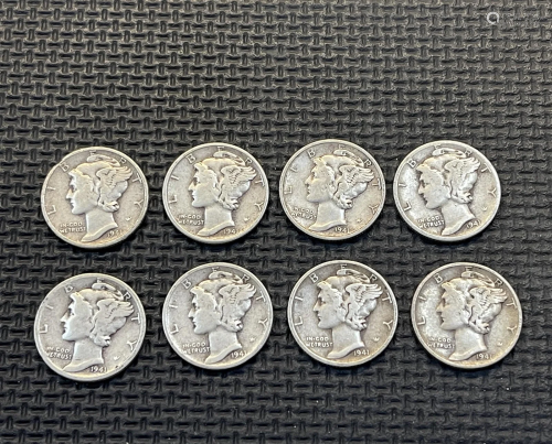 Eight 1941 Mercury Silver Dimes