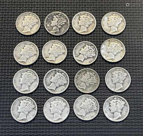 Twevle 1944 Mercury Silver Dimes