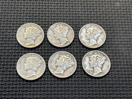 Six 1943 Mercury Silver Dimes