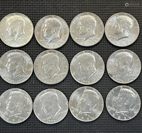 Twelve Kennedy Half Dollar Coins