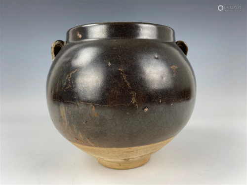 Chinese Antique Brown Glaze Pottery Jar Double Ear