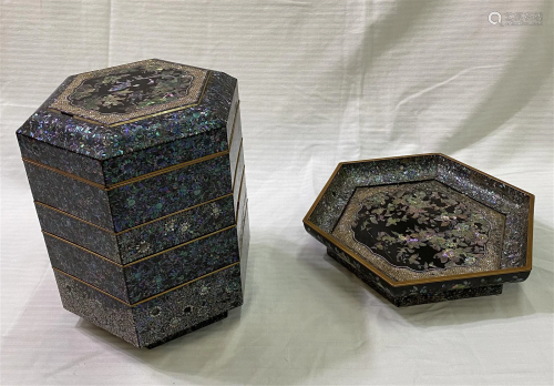 COLORFUL MOTHER OF PEARL INLAID LACQUER FIVE TIER BOX