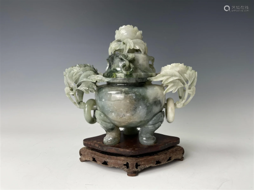 Fine Dushan Jade Carved Censer with Cover and Base