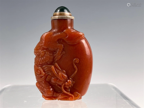 Chinese Red Agate Snuff Bottle Carved Dragon