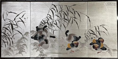 Fine Japanese Four Panel Art Screen Signed and Sealed