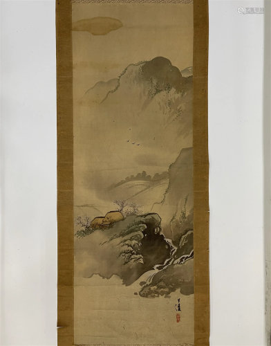Japanese Landscape Painting Ink and Color on Paper Scroll