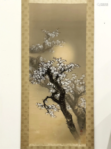 Japanese Flower Painting Silk Scroll Signed