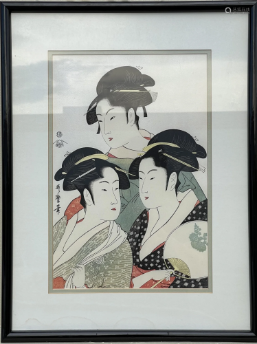 Japanese Woodblock Print Ink and Color Three Daughters