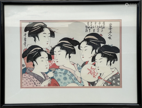 Japanese Woodblock Print Five Faughters By Utamaro