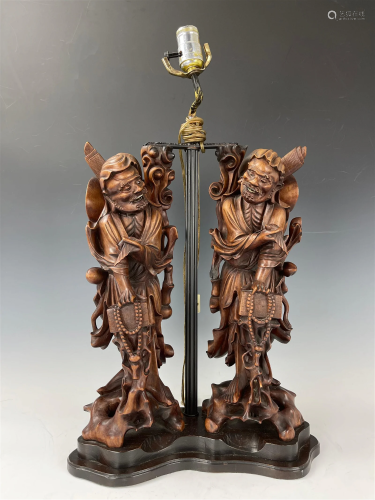 Chinese Fujian Carved Wood Statues Lamps