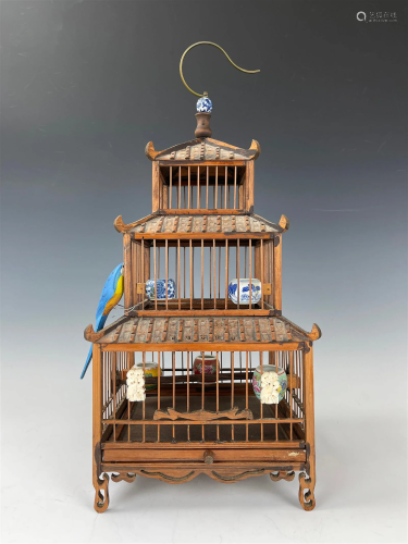 A Chinese Square Bamboo Bird Cage