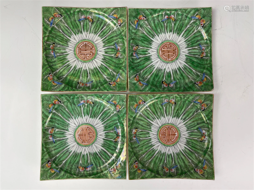 Four Famille Cabbage Leaf Porcelain Square Plates