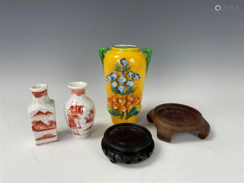 Three Vintage Asian Porcelain Vases and Two Bases