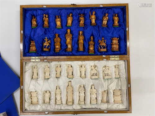 Vintage Asian Carved Bone Chess Set in Box Board