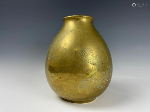 Janpanese Antique Engraved Brass Vase Marked