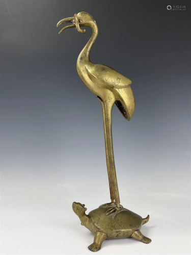Japanese Brass Crane and Turtle Sculpture Marked