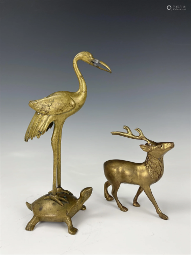 Japanese Brass Deer, Crane and Turtle Sculpture