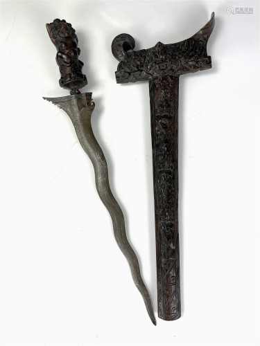 19TH Century Malaysian Wavy Iron Keris Sword End of Ironwood