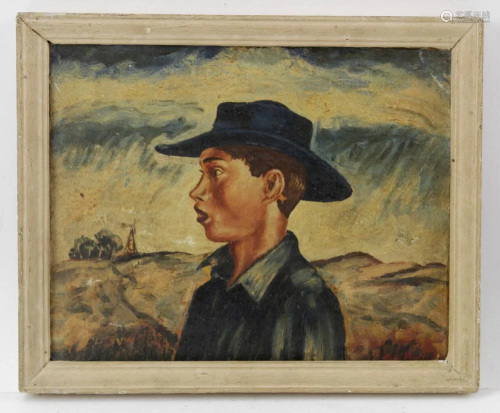 Attr to Peter Hurd, Painting of Young Boy in the Midwest