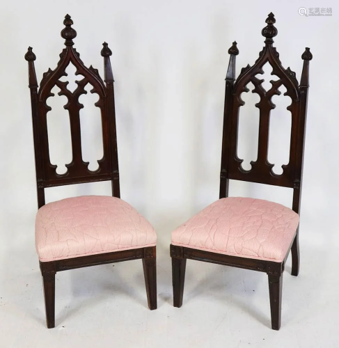 Pair of Upholstered Carved Gothic Chairs