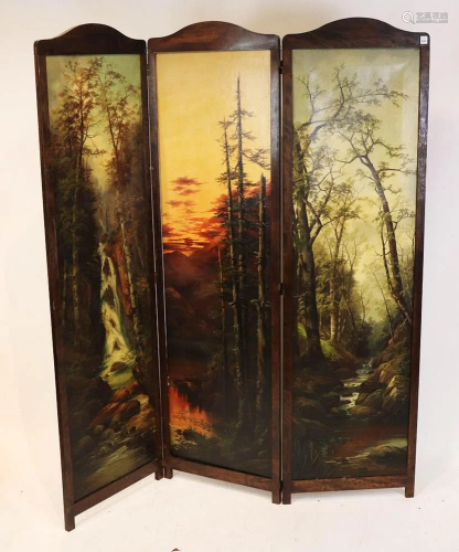 Late 19thC Hand-Painted 3-Panel Screen