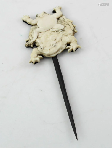 Chinese Carved Bone Frog Hat Pin