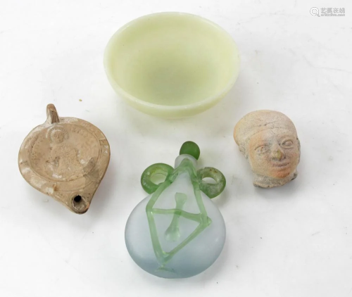 Jade Bowl, Roman Flask, Figure, Greek Oil Lamp