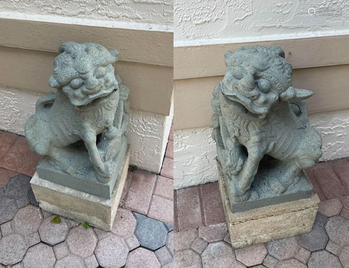 Pair of 18thC Chinese Carved Stone Foo Dogs