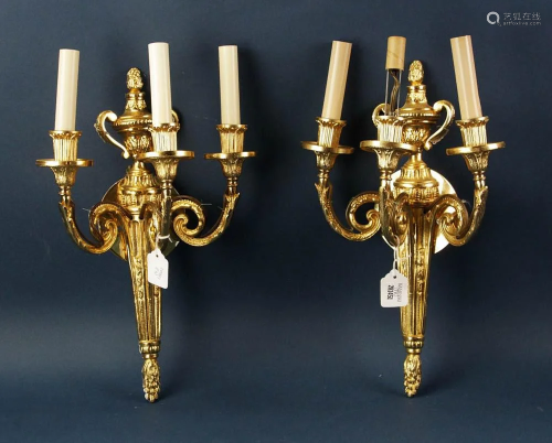 Pair of Gilt Bronze 3-Arm Electric Wall Sconces