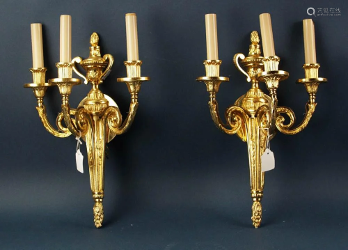 Pair of Gilt Bronze 3-Arm Electric Wall Sconces