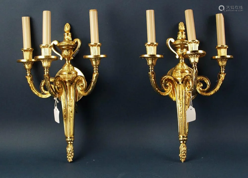 Pair of Gilt Bronze 3-Arm Electric Wall Sconces