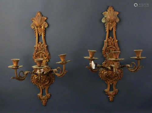 Pair of Bronze 3-Arm Wall Sconces