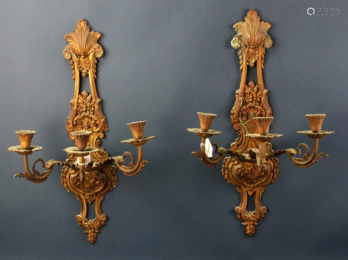 Pair of Bronze 3-Arm Wall Sconces