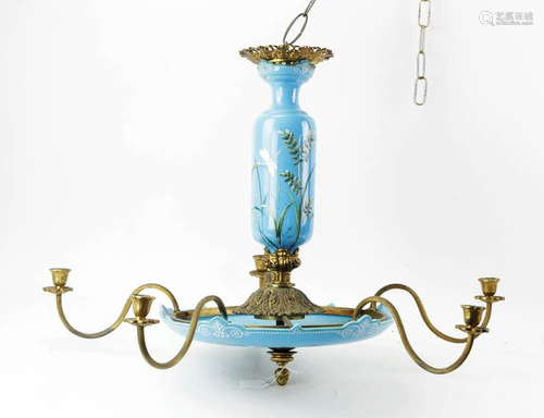 English Hand-Painted Opaline Glass Chandelier