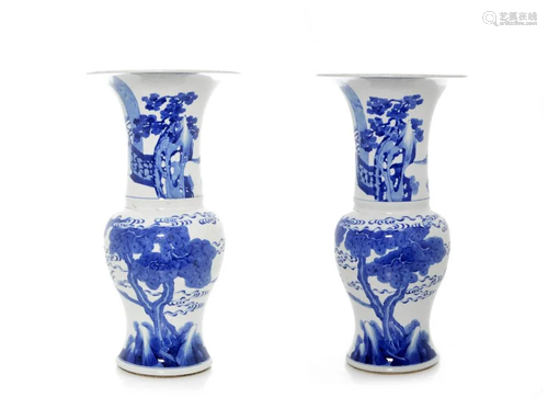 Pair of Chinese Blue and White Yen-Yen Vases