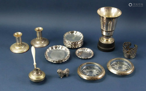 Assorted Silver Items, Trays, Candle Holders, Vase