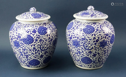 Pair of Chinese Covered Blue and White Porcelain Jars