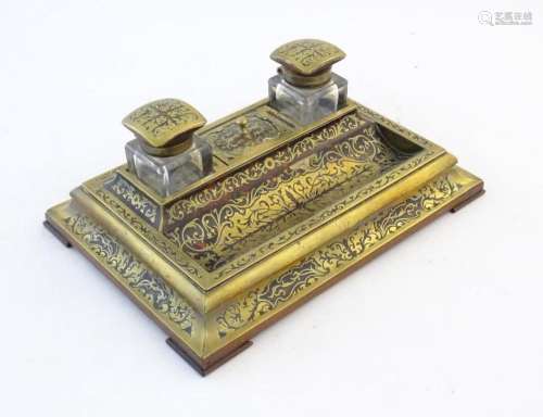 A Victorian Boulle work desk stand / ink standish, the twin ...
