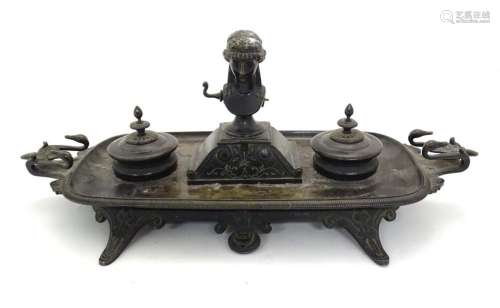 A 19thC Continental bronze desk standish with twin handles m...