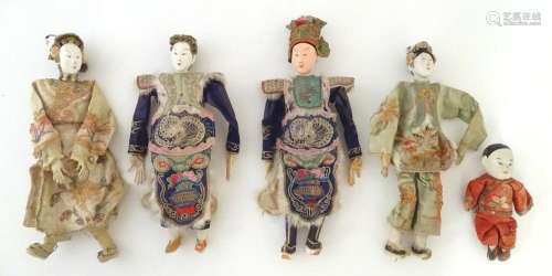 Five late 19th / early 20thC Chinese dolls with painted comp...