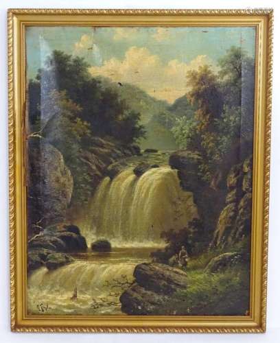 A. Taylor, 19th century, Oil on canvas, A wooded waterfall s...