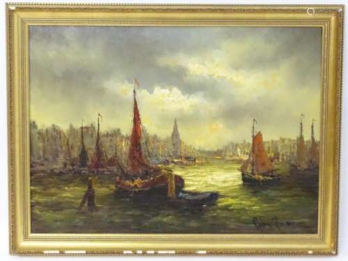 20th century, Continental School, Oil on canvas, A harbour v...